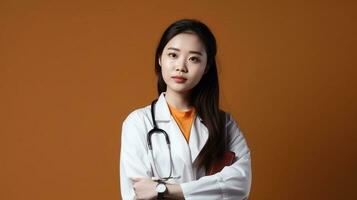 woman doctor crossed arm and holding stethoscope on empty. Generative AI. photo