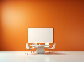 Interior of orange conference room with table and white chairs, empty space for text. AI Generative. photo
