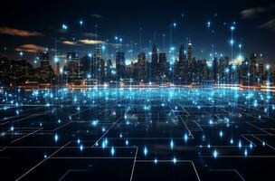 Creative telecommunication internet network connect in smart city, wireless digital connection. AI Generative. photo