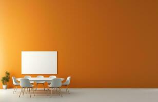 Interior of orange conference room with table and white chairs, empty space for text. AI Generative. photo