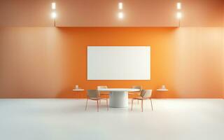 Interior of orange conference room with table and white chairs, empty space for text. AI Generative. photo