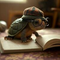 A turtle wearing glasses and a hat  reads books. Generative AI. photo