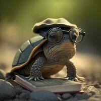 A turtle wearing glasses and a hat  reads books. Generative AI. photo
