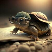 A turtle wearing glasses and a hat  reads books. Generative AI. photo