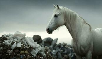 blanco caballo soportes cerca un pila de el plastico con mirando para comida y alojamiento, concepto de ahorro el mundo. generativo ai. foto