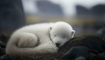 Polar bears sleep in the snow. Generative AI. photo