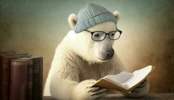 un blanco oso vistiendo lentes y un sombrero se sienta y lee libros. generativo ai. foto