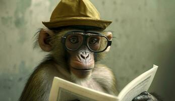 A coolly dressed monkey wearing a hat and glasses sits and reads a book. Generative AI. photo