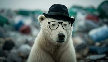 un blanco oso vistiendo lentes y un sombrero en el medio de un pila de el plastico desperdiciar. generativo ai. foto