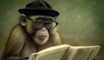 A coolly dressed monkey wearing a hat and glasses sits and reads a book. Generative AI. photo