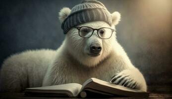 un blanco oso vistiendo lentes y un sombrero se sienta y lee libros. generativo ai. foto