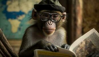 A coolly dressed monkey wearing a hat and glasses sits and reads a book. Generative AI. photo