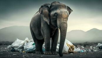 An elephant stands among the piles of plastic waste looking for food and shelter, Concept of saving the world. Generative AI. photo