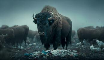 A bison stands near a pile of plastic with looking for food and accommodation, Concept of saving the world. Generative AI. photo