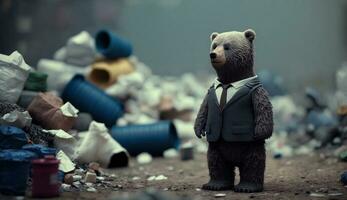 A bear in a suit stands among a pile of plastic waste, looking for food and accommodation Concept of saving the world. Generative AI. photo