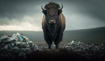 un bisonte soportes cerca un pila de el plastico con mirando para comida y alojamiento, concepto de ahorro el mundo. generativo ai. foto