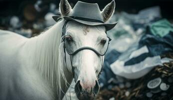 white horse stands near a pile of plastic with looking for food and accommodation, Concept of saving the world. Generative AI. photo