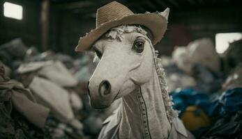 white horse stands near a pile of plastic with looking for food and accommodation, Concept of saving the world. Generative AI. photo