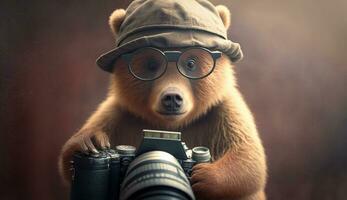 A bear wearing glasses holding a camera poses for a photo. Generative AI. photo