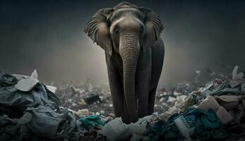 An elephant stands among the piles of plastic waste looking for food and shelter, Concept of saving the world. Generative AI. photo