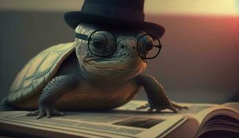 A turtle wearing glasses and a hat  reads books. Generative AI. photo