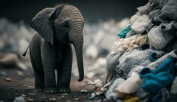 An elephant stands among the piles of plastic waste looking for food and shelter, Concept of saving the world. Generative AI. photo