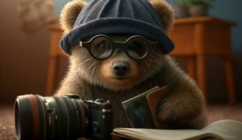 A bear wearing glasses holding a camera poses for a photo, photo