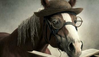 A white-brown horse standing cool wearing glasses and a hat. Generative AI. photo