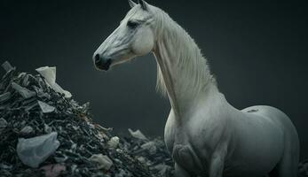 white horse stands near a pile of plastic with looking for food and accommodation, Concept of saving the world. Generative AI. photo