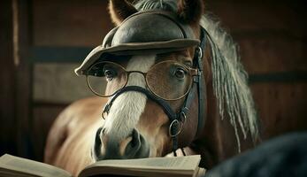 A white-brown horse standing cool wearing glasses and a hat. Generative AI. photo