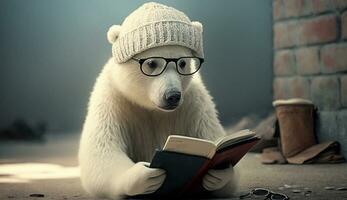 A white bear wearing glasses and a hat sits and reads books. Generative AI. photo