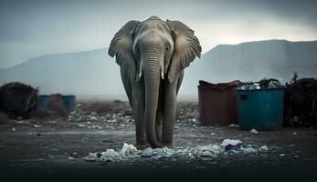 An elephant stands among the piles of plastic waste looking for food and shelter, Concept of saving the world. Generative AI. photo