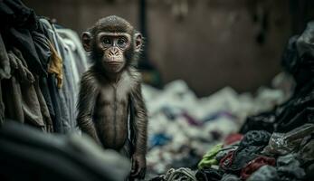 A monkey standing among the piles of plastic with looking for food and accommodation, Concept of saving the world. Generative AI. photo