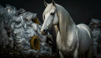 blanco caballo soportes cerca un pila de el plastico con mirando para comida y alojamiento, concepto de ahorro el mundo. generativo ai. foto