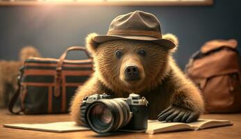 A bear wearing glasses and a hat sits and reads books. Generative AI. photo