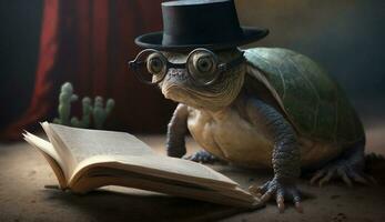 A turtle wearing glasses and a hat  reads books. Generative AI. photo