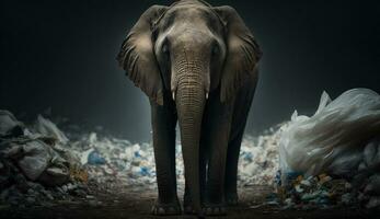 An elephant stands among the piles of plastic waste looking for food and shelter, Concept of saving the world. Generative AI. photo