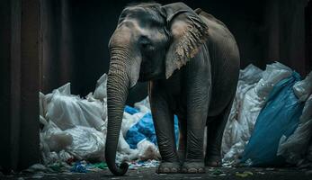 An elephant stands among the piles of plastic waste looking for food and shelter, Concept of saving the world. Generative AI. photo