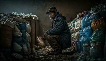 imagen de un hombre con un grande pila de basura, stands entre el pila de algo de el plastico residuos mirando para comida y refugio, concepto de ahorro el mundo. generativo ai. foto