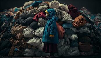 Image of a man with a big pile of garbage,stands among the piles of plastic waste looking for food and shelter, Concept of saving the world. Generative AI. photo