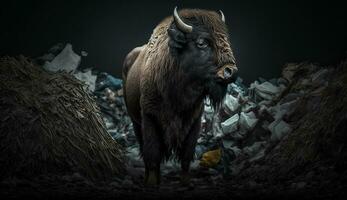 A bison stands near a pile of plastic with looking for food and accommodation, Concept of saving the world. Generative AI. photo