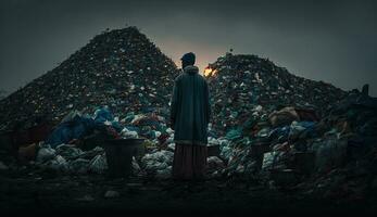 imagen de un hombre con un grande pila de basura, stands entre el pila de algo de el plastico residuos mirando para comida y refugio, concepto de ahorro el mundo. generativo ai. foto