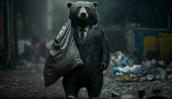 A bear in a suit holding a garbage bag stands among piles of plastic waste looking for food and shelter, Concept of saving the world. Generative AI. photo