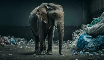 An elephant stands among the piles of plastic waste looking for food and shelter, Concept of saving the world. Generative AI. photo