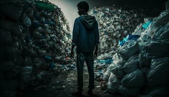 imagen de un hombre con un grande pila de basura, stands entre el pila de algo de el plastico residuos mirando para comida y refugio, concepto de ahorro el mundo. generativo ai. foto