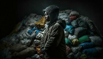 imagen de un hombre con un grande pila de basura, stands entre el pila de algo de el plastico residuos mirando para comida y refugio, concepto de ahorro el mundo. generativo ai. foto