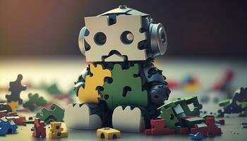 Cute introverted robot jigsaw puzzle. Generative AI. photo