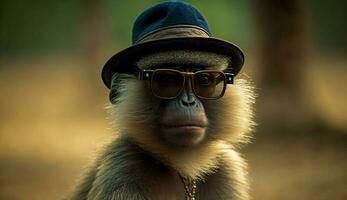 Monkey wearing glasses holding a camera poses for a photo, photo