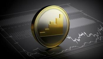 The gold coin icon is placed on a silvery gray stock chart. Generative AI. photo