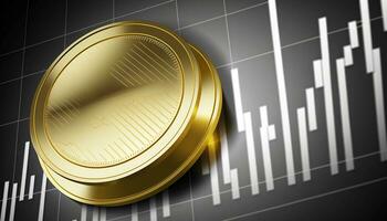The gold coin icon is placed on a silvery gray stock chart. Generative AI. photo